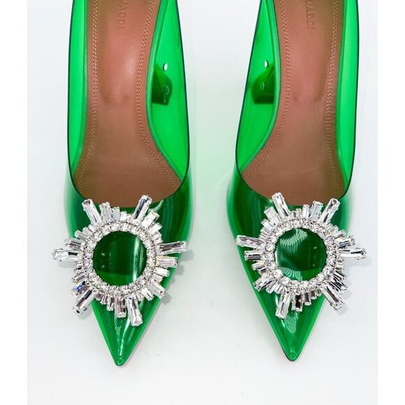 NWT AMINA MUADDI Begum Green Pointed Toe Crystal Brooch Glass Pumps Size… - Picture 10 of 16